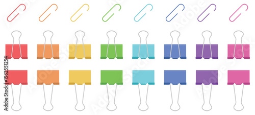 Flat Minimal Vector Illustration of Colorful Paper Clips and Binder Clips Set for Office Stationery and Presentation Templates
