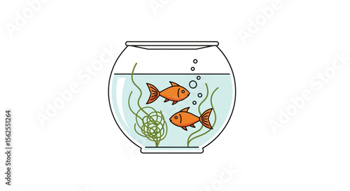 Vector illustration of goldfish in bowl with water and plants for aquarium pet care and fishkeeping hobbyists