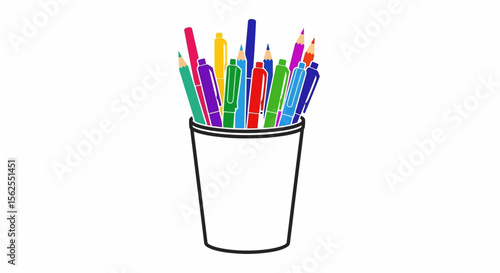 Vector illustration of colorful pens and pencils in a white cup for office supplies and back to school concept