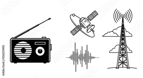 Vector radio communication technology vector illustration featuring radio satellite tower and sound waves isolated
