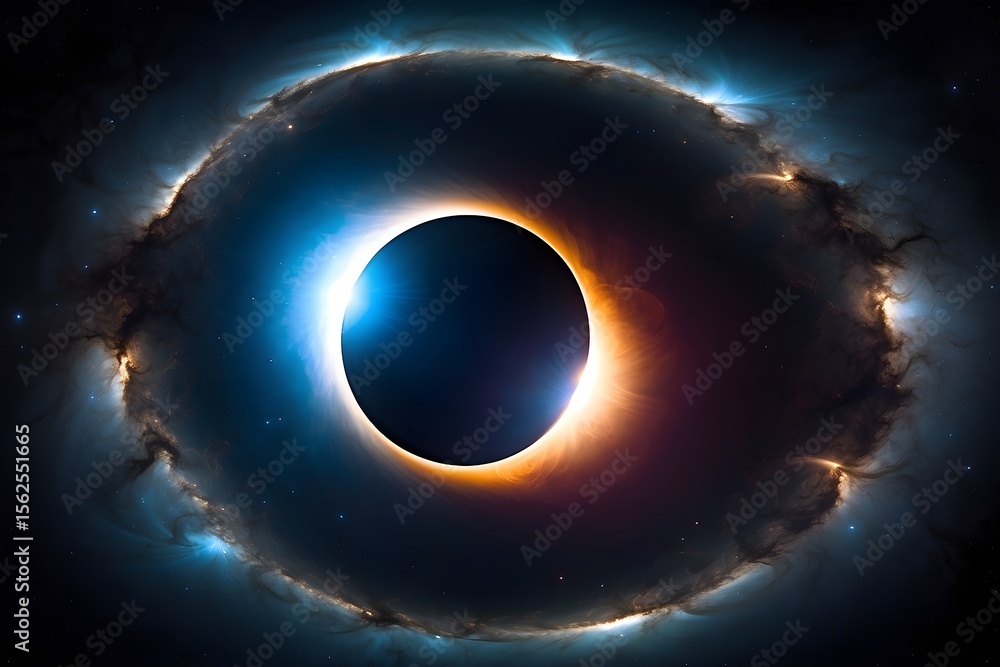 Fototapeta premium Total Eclipse in Deep Space with Blue Halo and Light Bloom, Centered Cosmic Background