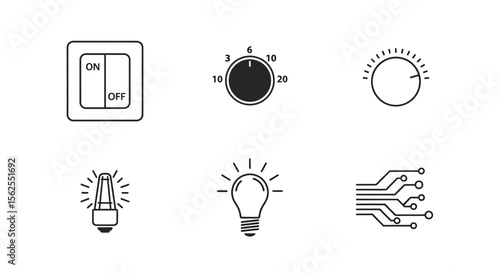 Vector electricity light switch on off dimmer led bulb circuit board vector icons illustration design set icon set