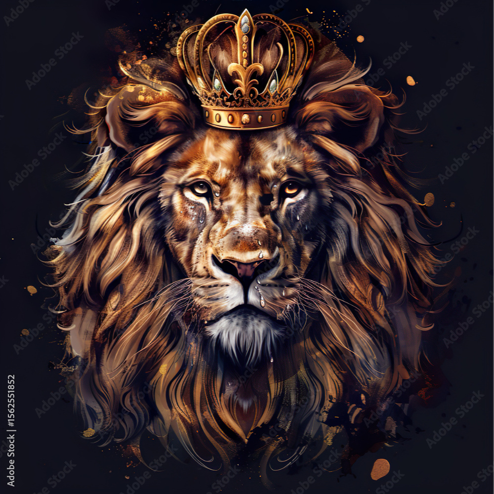 Naklejka premium A majestic lion with a royal crown, a powerful emotional expression, a lush golden mane, a regal and noble appearance, and an extremely detailed illustration