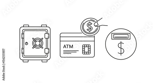 Vector financial security and banking services illustration with atm card coin and safe deposit box icon set