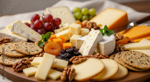 Gourmet Cheese Board Platter with Brie, Gouda, Cheddar, and Assorted Accompaniments – Elegant Food Photography