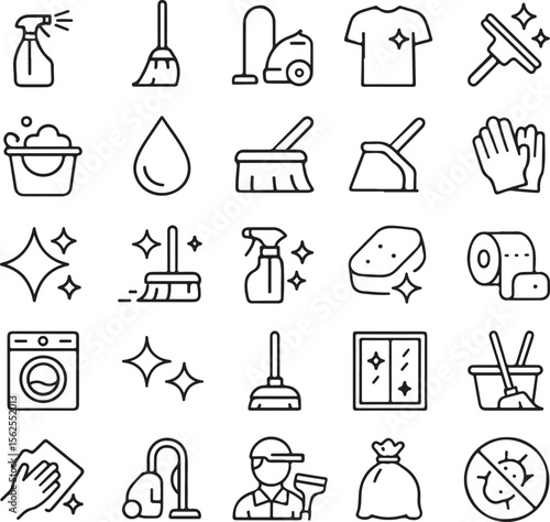 Collection of clean and modern line art icons representing various household cleaning tools and supplies for a spotless home and hygiene