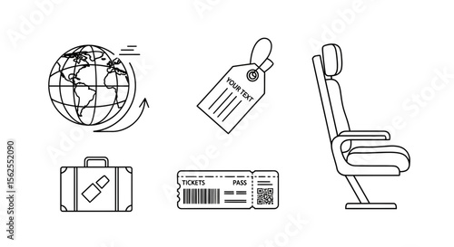 Vector travel planning essentials: globe, suitcase, ticket, tag, and airplane seat for your next adventure trip