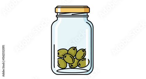Vector jar of olives illustration, green olives in glass jar, olive canning, olive preservation, olive product