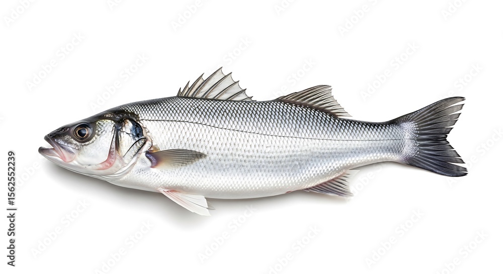 Obraz premium A whole sea bass fish laying on its side against a clean white background. The fish is silver with grey markings and visible fins.