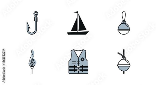 Vector boating and fishing equipment vector illustration with sailboat hook life vest and fishing bobber icons 100