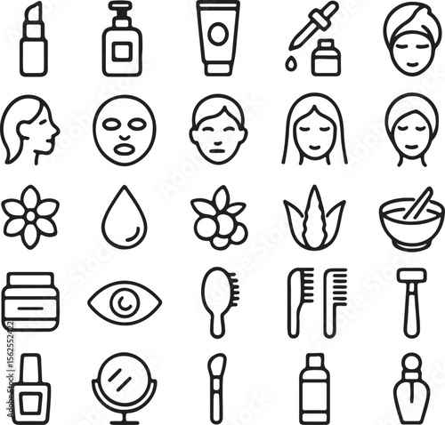 Collection of clean line art icons representing a variety of beauty and skincare products and treatments for a healthy complexion