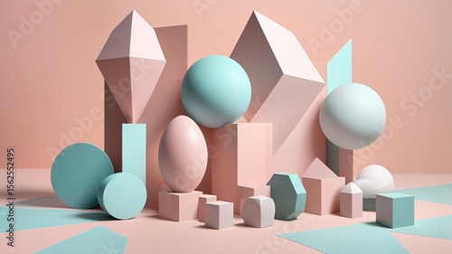 A modern 3D rendering featuring a variety of geometric shapes such as spheres, cubes, cones, cylinders, pyramids, and polygons arranged artistically in a minimalistic pastel environment.