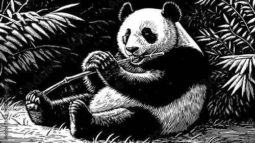 panda eating bamboo, seated in a relaxed pose, ideal for zoo logos, wildlife merch or children's content a black and white line art illustration