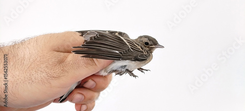 Person holding small brown bird in cupped hands, rescued wildlife close up shot white background. Concept of wildlife rehabilitation veterinary care bird rescue.