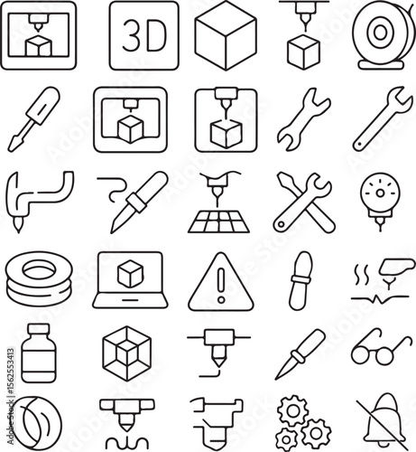 Collection of modern line art icons representing 3d printing technology and related tools for digital design and manufacturing processes