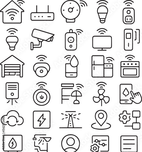 Collection of modern smart home technology icons representing connected devices for automated living and intelligent household management systems