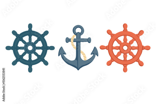 Cartoon anchor with rope and two ship steering wheels. Flat vector marine illustration for nautical themes.