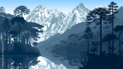 prehistoric rainforest jungle landscape with mountains