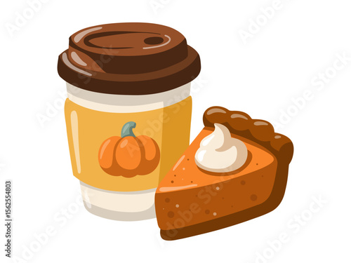 Autumn illustration with pumpkin spice latte and pie slice. Seasonal cozy fall object. Cartoon vector illustration 