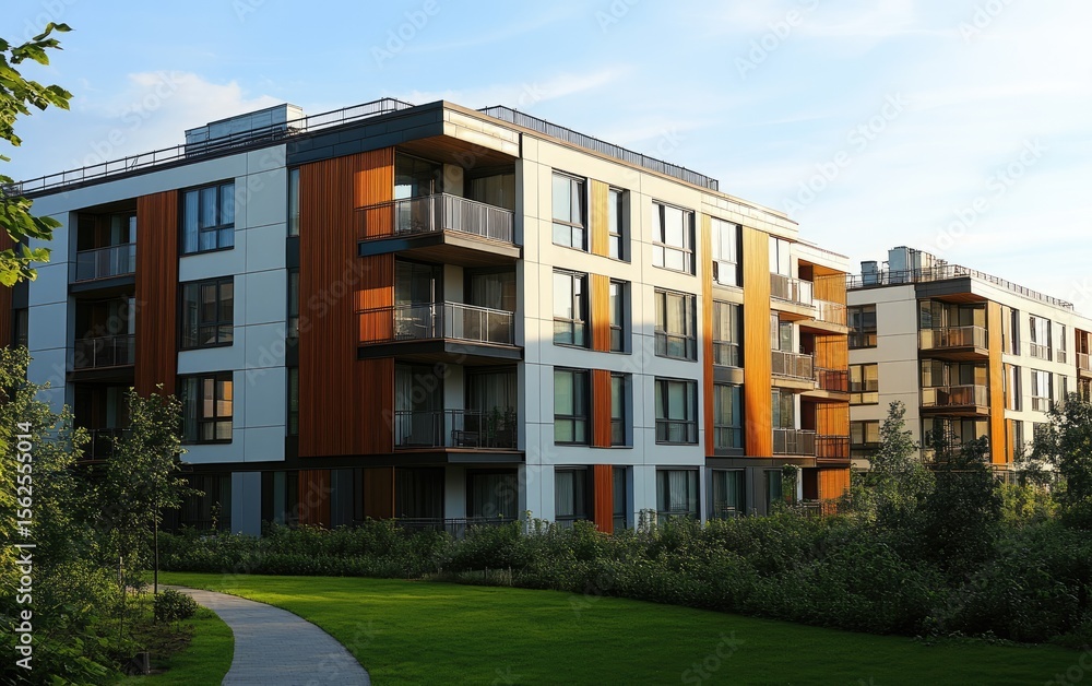 Fototapeta premium City Apartments with Large Windows, Green Terraces, and Wooden Benches