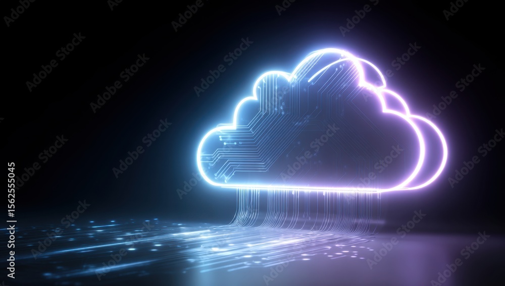 A glowing neon cloud icon with circuit lines emanating from it, set against a dark background There's also some white digital data flowing through these circuits in front of the cloud Generative AI A glowing neon cloud icon with circuit lines emanating from it, set against a dark background There's also some white digital data flowing through these circuits in front of the cloud Generative AI