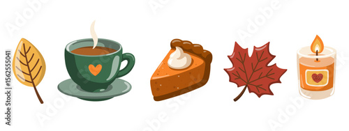 Fall illustration set with hot drink in cup, pumpkin pie, burning candle and autumn leaves. Cartoon vector illustration 
