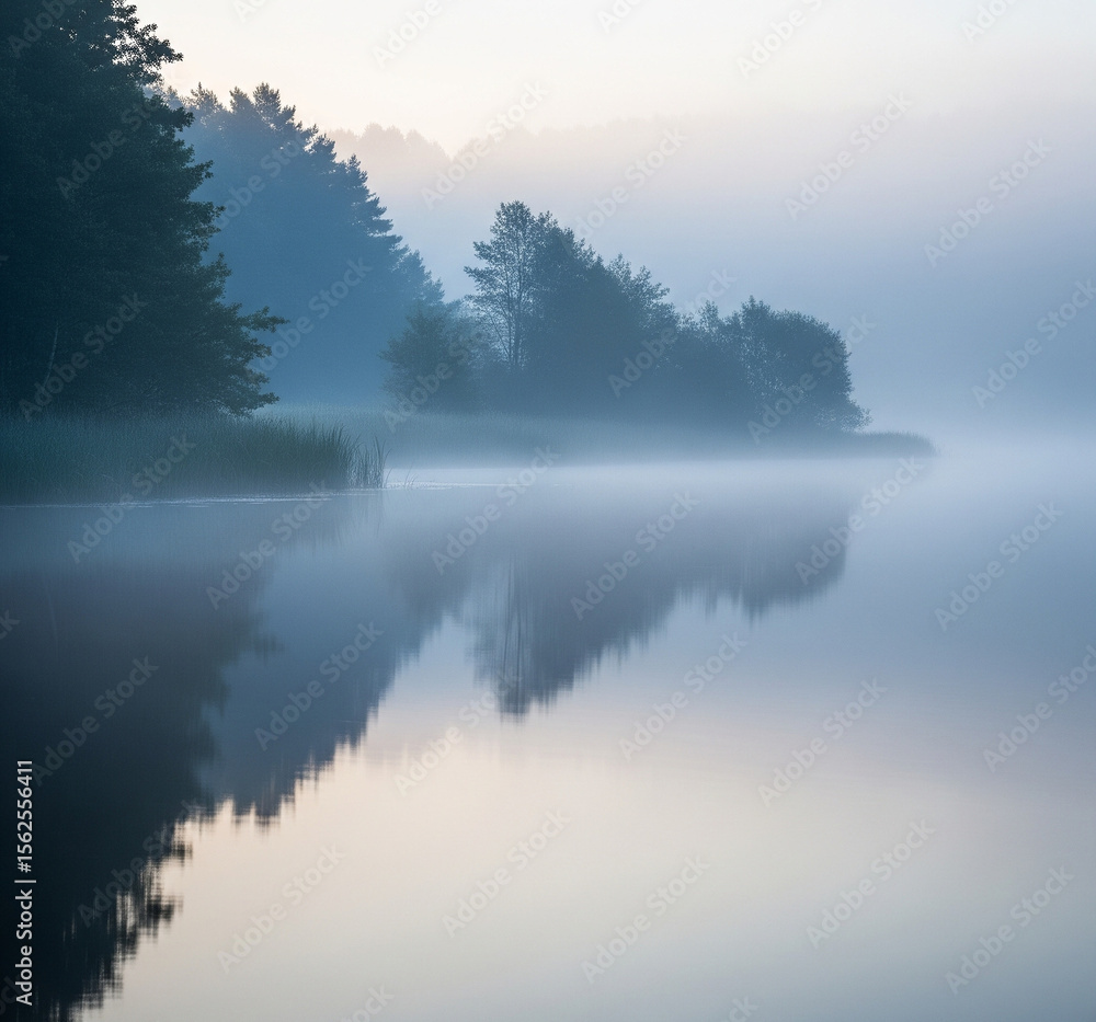 Fototapeta premium Peaceful Lakeside Morning: Calm Water, Misty Shoreline, Serenity Landscape