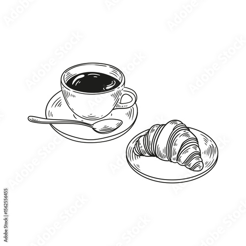 Original illustrations of a cup of tea or coffee with croissant, a vintage ink line drawing of a snack or breakfast for cards, menus, cafes, baristas, tea houses, or graphic design.
