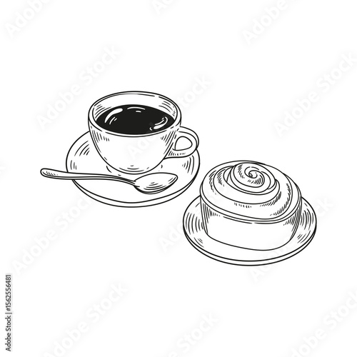 Original illustrations of a cup of tea or coffee with a cinnamon roll, a vintage ink line drawing of a snack or breakfast item for cards, menus, cafes, baristas, tea houses, or graphic design.