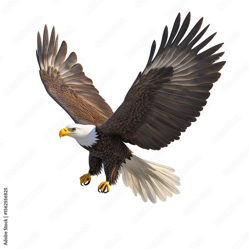 Obraz premium 3d rendered bald eagle in flight with outstretched wings, detailed feathers, and sharp talons on white background