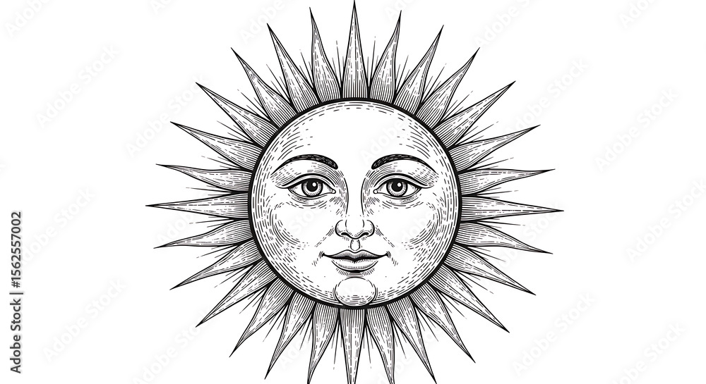 Obraz premium Vintage Sun with Face Vector – Celestial Etching Illustration on White