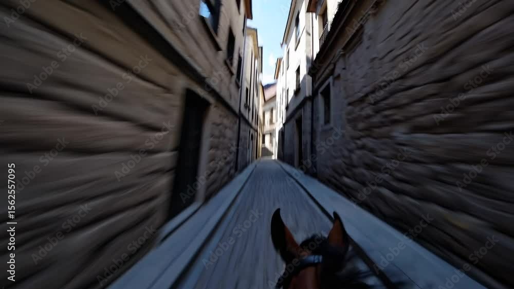 Cheval au galop dans une ruelle en pierre étroite
