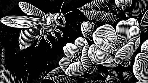 honeybee mid-flight near a blooming flower, perfect for eco-friendly branding, gardening content or sweet packaging design a black and white line art illustration