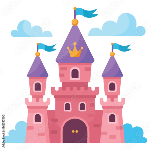 Enchanted pink castle floating on clouds princess palace vector illustration