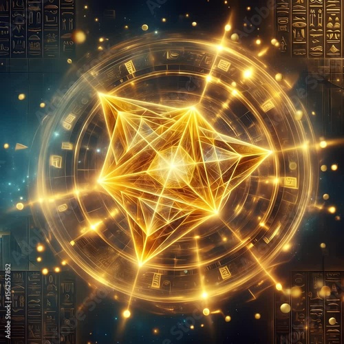 MER-KA-BA: rotating golden glowing structure in cosmic space — symbol of spiritual transformation and divine energy.