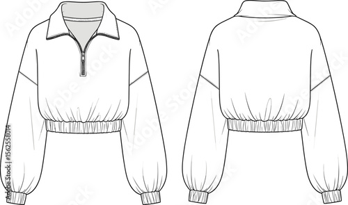 Cropped pullover sweatshirt front and back view, zipper collar top, fashion flat sketch, technical drawing, vector apparel template for activewear, casualwear illustration
