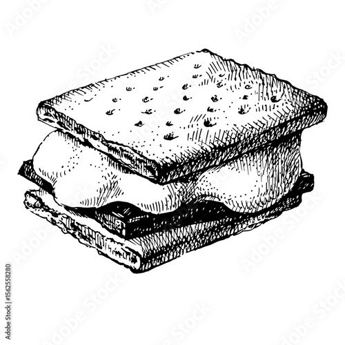 Hand drawn sketch smores wafer crackers with melted marshmallows and chocolate.⁠
