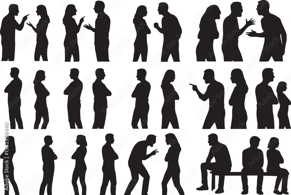 Fototapeta premium Collection of black silhouettes of people in various poses of disagreement conflict and contemplation against a white background