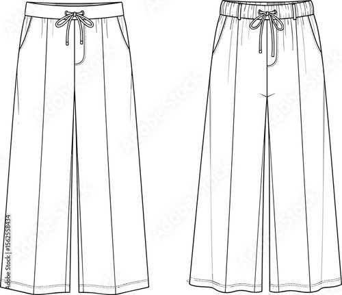 Wide leg pants fashion sketch, front back flat vector, drawstring trousers CAD template, casual loose fit bottoms technical drawing for garment design and illustration