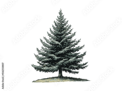 Vintage hand-drawn engraving of Blue Spruce Tree, botanical illustration, evergreen branches, woodland sketch, old engraving style, forest print, retro tree art, nature decor, rustic charm