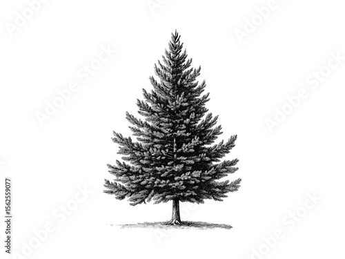 Blue Spruce Tree hand-drawn engraving, botanical art, spruce branches, vintage forest print, evergreen tree sketch, old engraving style, retro nature decor, rustic woodland illustration