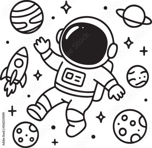 Kawaii style line art of a smiling astronaut floating in space with planets and stars around in a cartoon black and white format