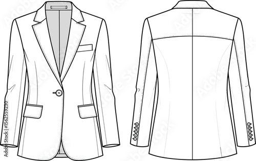 Classic tailored blazer front and back flat sketch, women’s formal jacket vector, fashion cad technical drawing, modern structured design for garment manufacturing