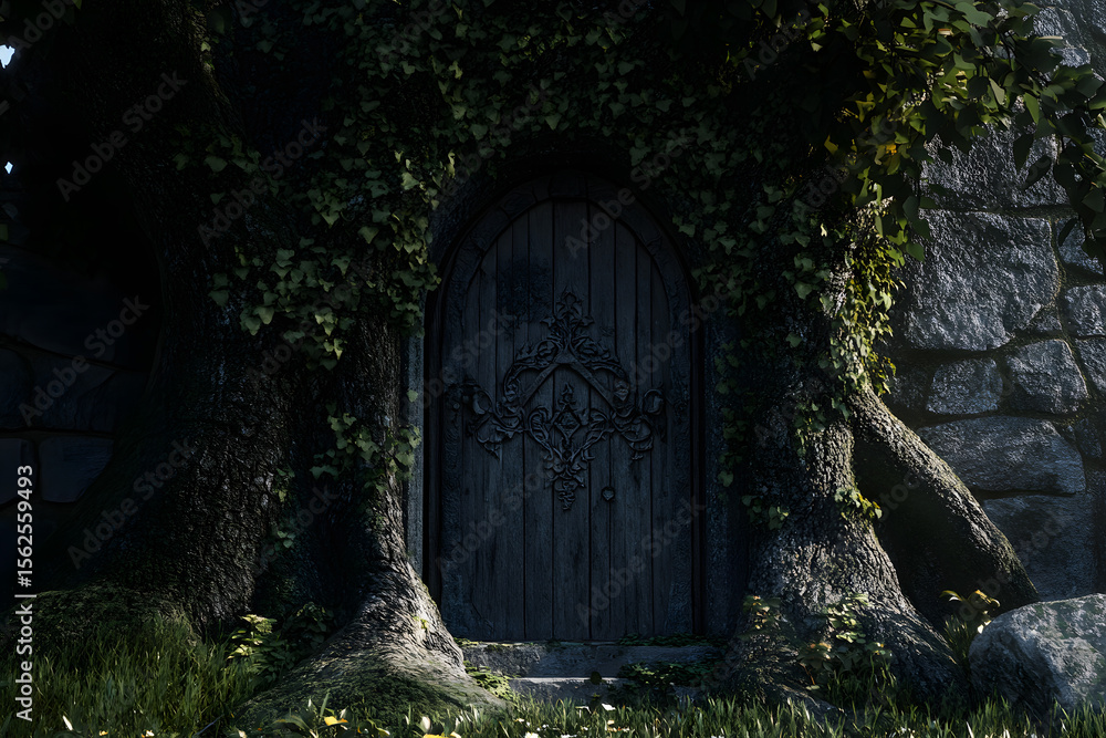 Fototapeta premium Enchanted wooden door at the base of an ancient tree covered in ivy