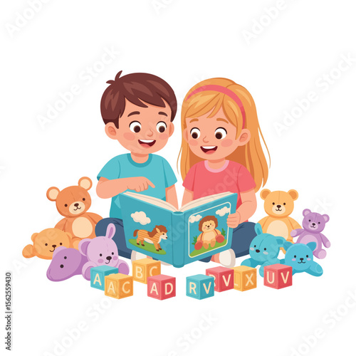 Happy children engrossed in a storybook, surrounded by stuffed animals and alphabet blocks.