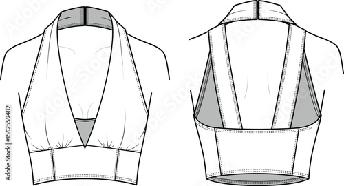 Fashion halter top flat sketch, deep v-neck crop top front and back, technical garment vector, cad drawing for apparel, stylish summer wear