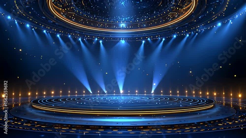 A dazzling stage setting with bright lights and circular patterns in blue and gold