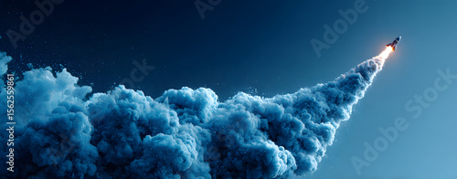 Blue upward arrow launching like a rocket with smoke on clean gradient background for business growth or success concept with copyspace on side.