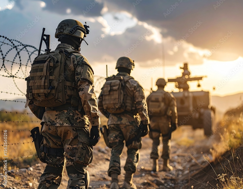 A tense border zone with soldiers from both countries on high alert, barbed wire and heavy machinery A tense border zone with soldiers from both countries on high alert, barbed wire and heavy machinery