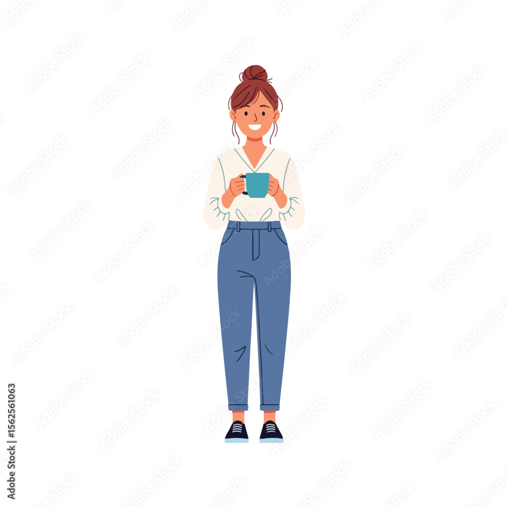 A smiling woman with a bun holds a blue mug. A smiling woman with a bun holds a blue mug.